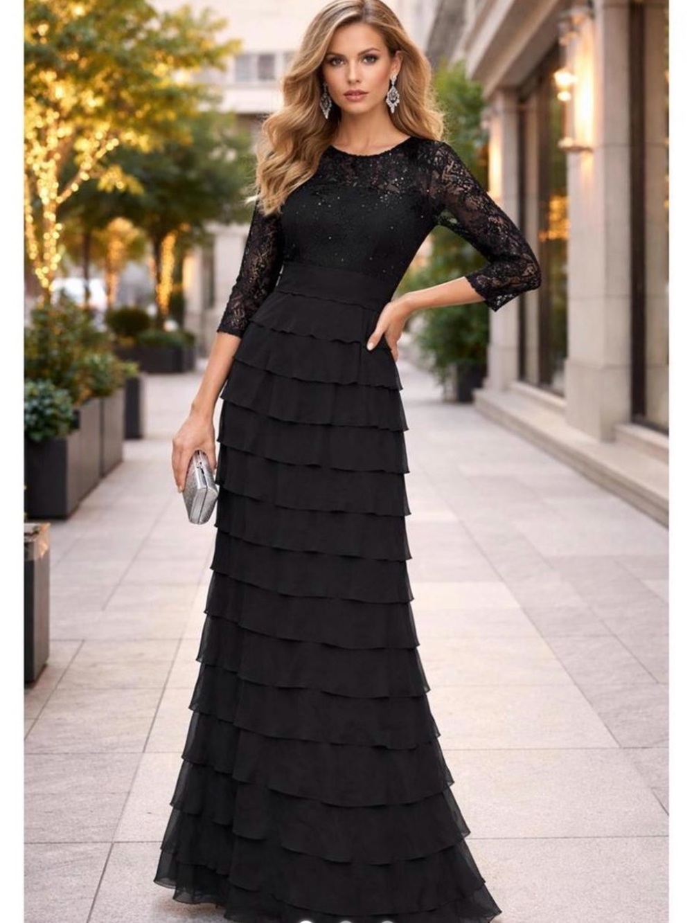 Alex Evenings Black Lace Bodice Tiered Maxi Gown